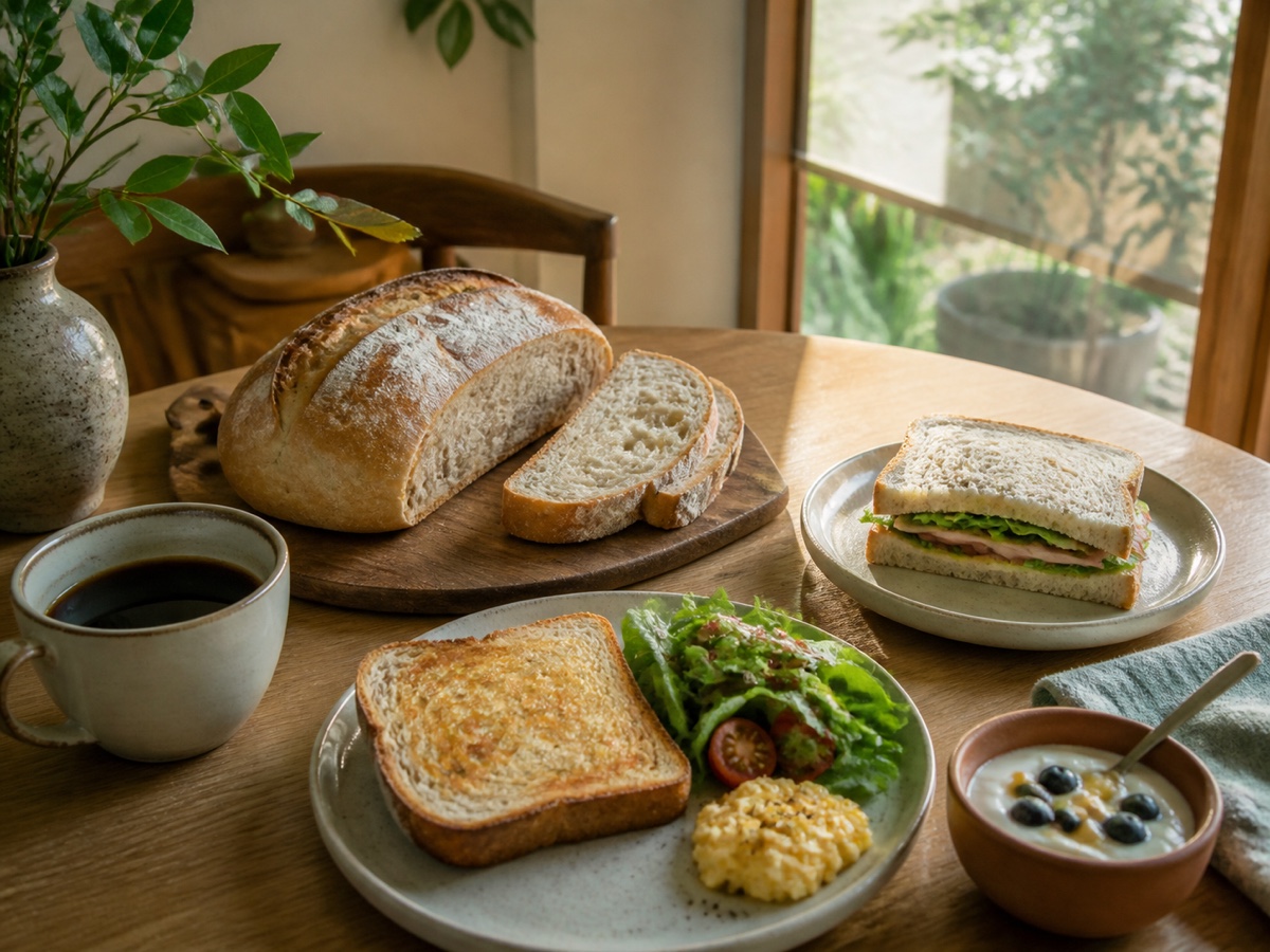 パンと飲み物を並べた明るい朝食の食卓